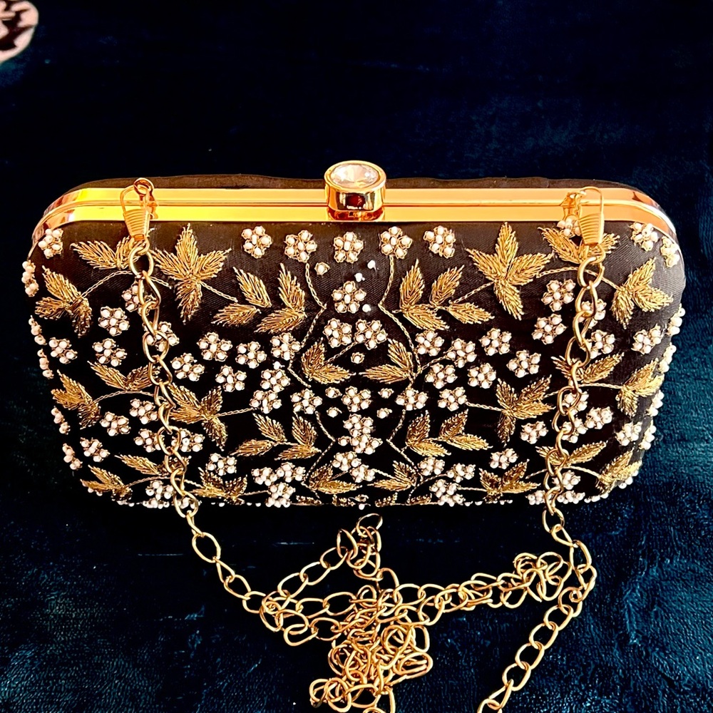 Embroidered Black & Gold Floral Evening Clutch